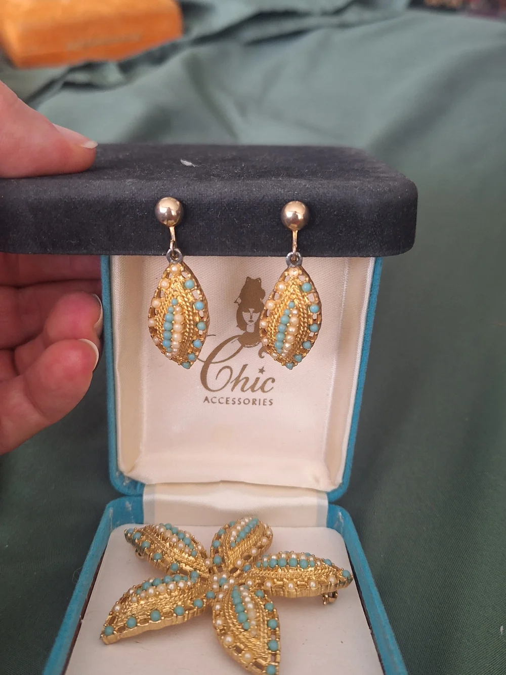 Sarah Coventry Gold-Tone Earrings with Turquoise and Cream Beads